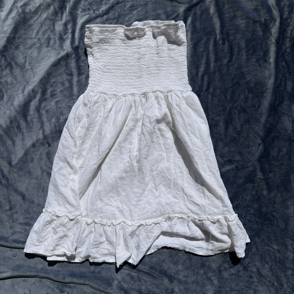 Tsher White Strapless Smocked Ruffle Hem Mini Dress Size S